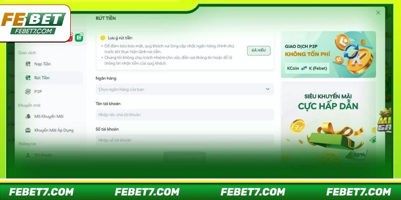 Quy trình rút tiền FEBET rất nhanh chóng và an toàn chỉ với 4 bước